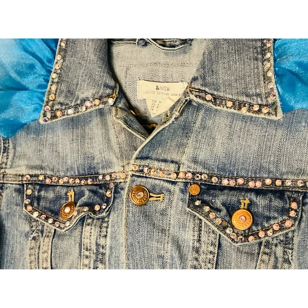&NOW women's embellished Y2K pop star denim Jean jacket Upcycled sz 4 ruffle DIY